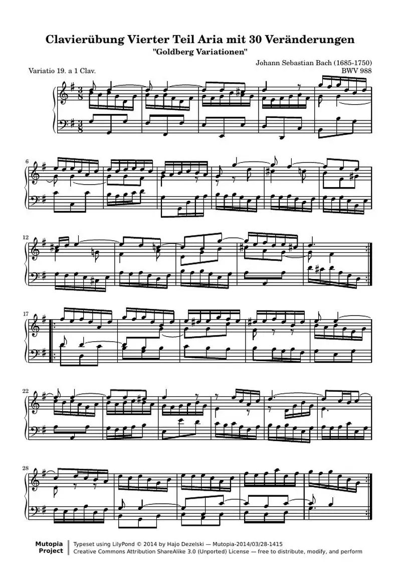 Первая страница нот «Гольдберг-вариации - 19 (BWV 988)»