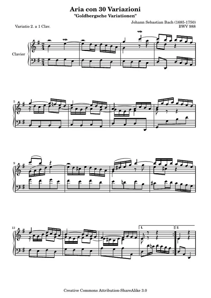 Первая страница нот «Гольдберг-вариации - 2 (BWV 988)»