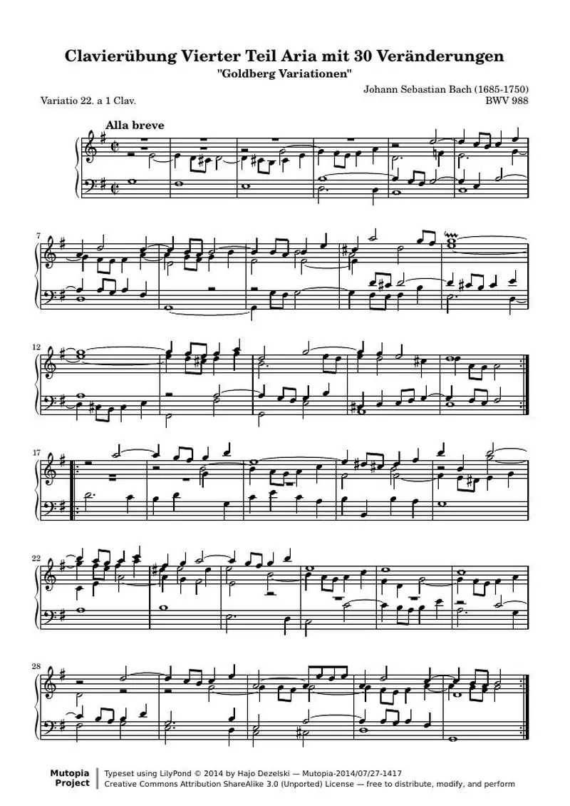 Первая страница нот «Гольдберг-вариации - 22 (BWV 988)»
