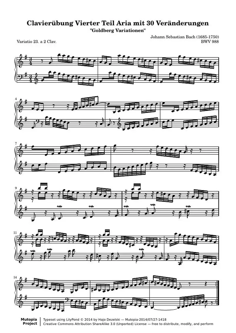 Первая страница нот «Гольдберг-вариации - 23 (BWV 988)»