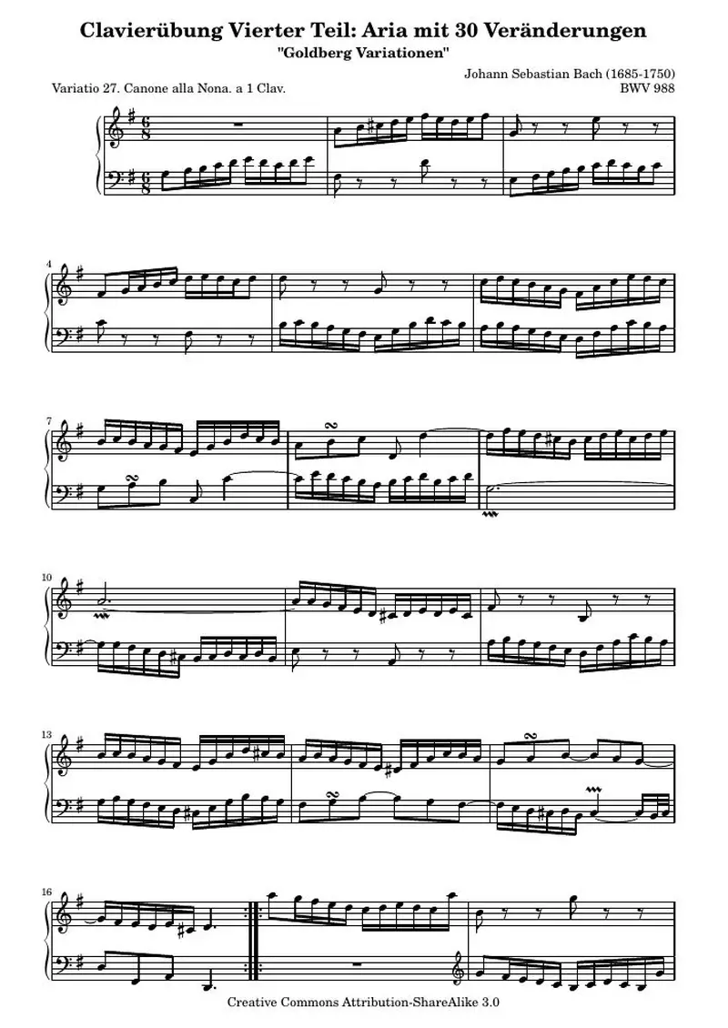 Первая страница нот «Гольдберг-вариации - 27 (BWV 988)»