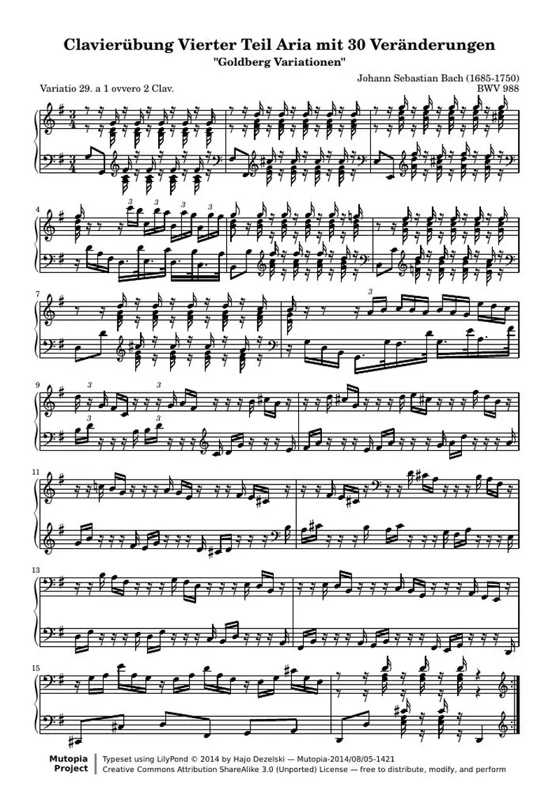 Первая страница нот «Гольдберг-вариации - 29 (BWV 988)»