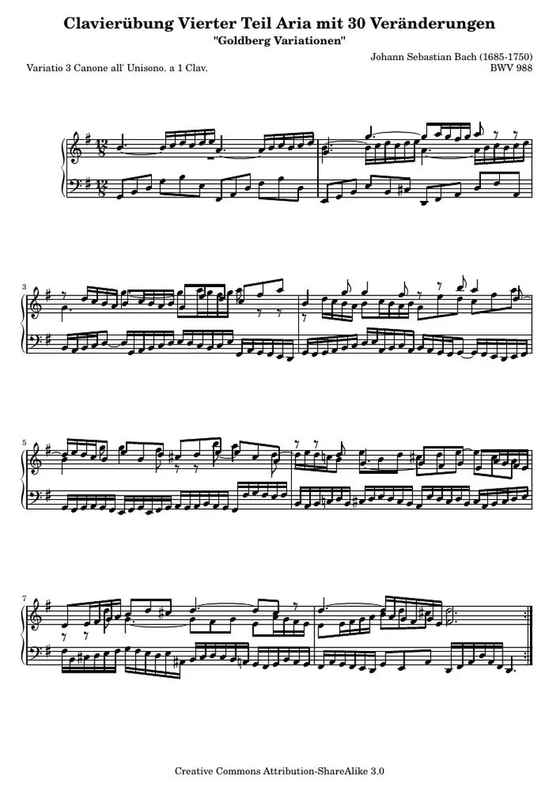 Первая страница нот «Гольдберг-вариации - 3 (BWV 988)»