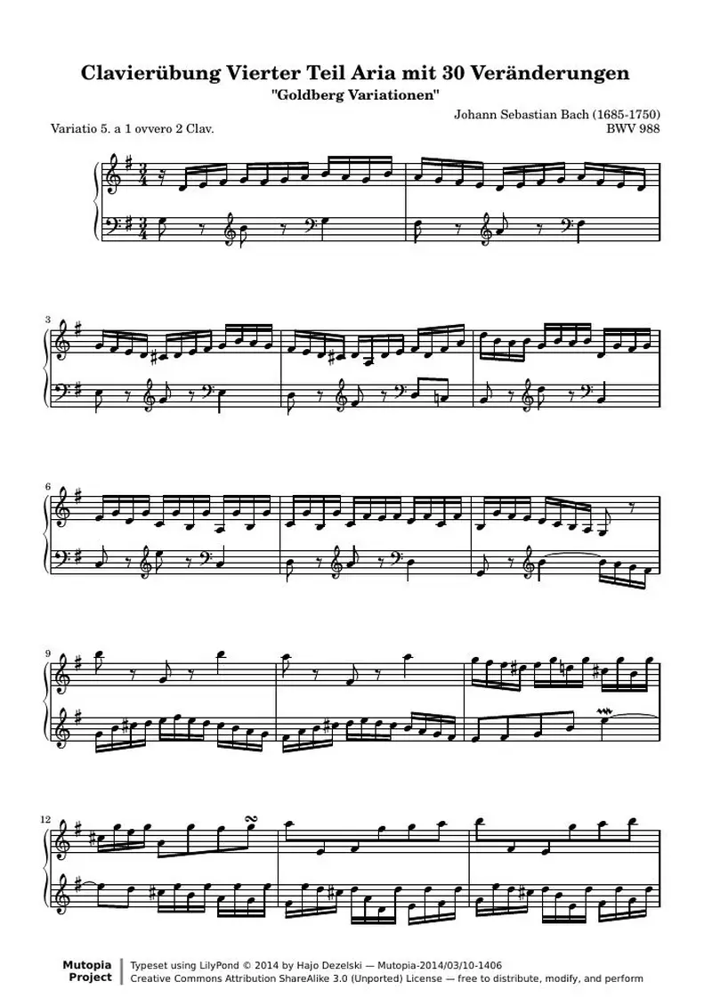 Первая страница нот «Гольдберг-вариации - 5 (BWV 988)»