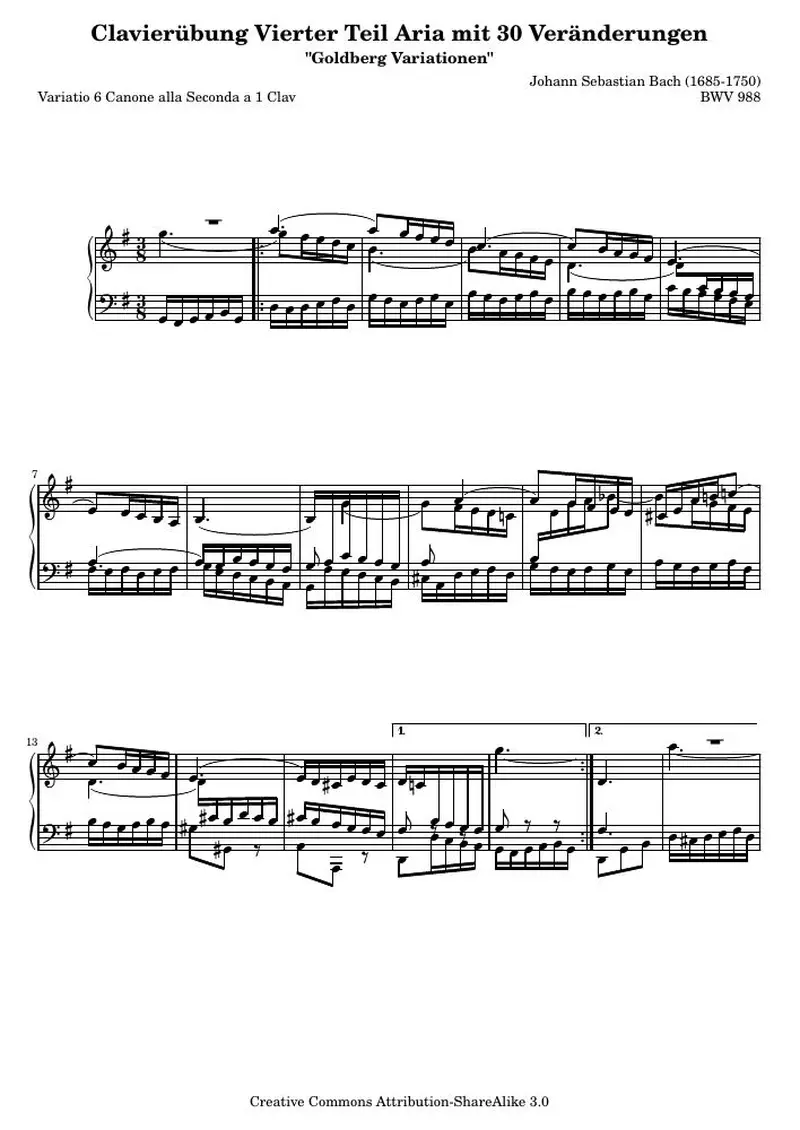 Первая страница нот «Гольдберг-вариации - 6 (BWV 988)»