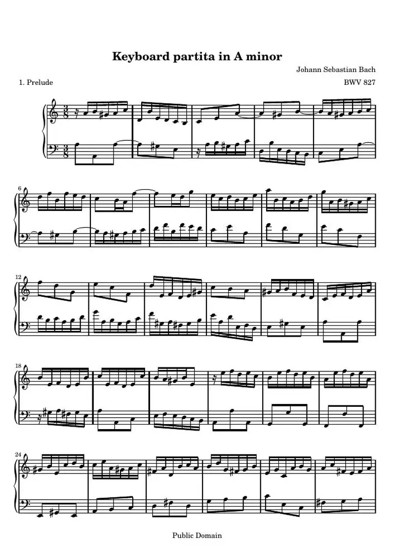 Первая страница нот «Keyboard Партита A минор (BWV 827) — BWV-827-1»