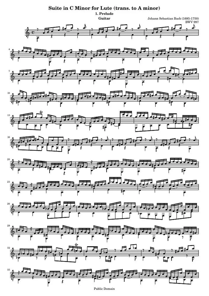 Первая страница нот «Lute Сюита BWV 997: 1. Прелюдия (BWV 997)»