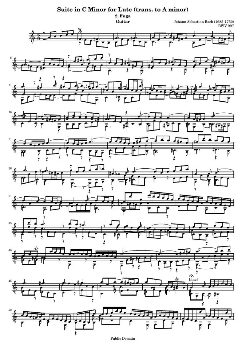 Первая страница нот «Lute Сюита BWV 997: 2. Fuga (BWV 997)»
