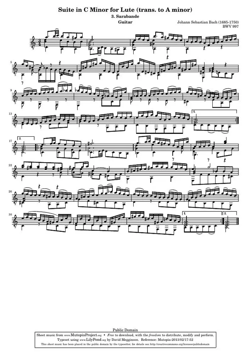 Первая страница нот «Lute Сюита BWV 997: 3. Сарабанда (BWV 997)»
