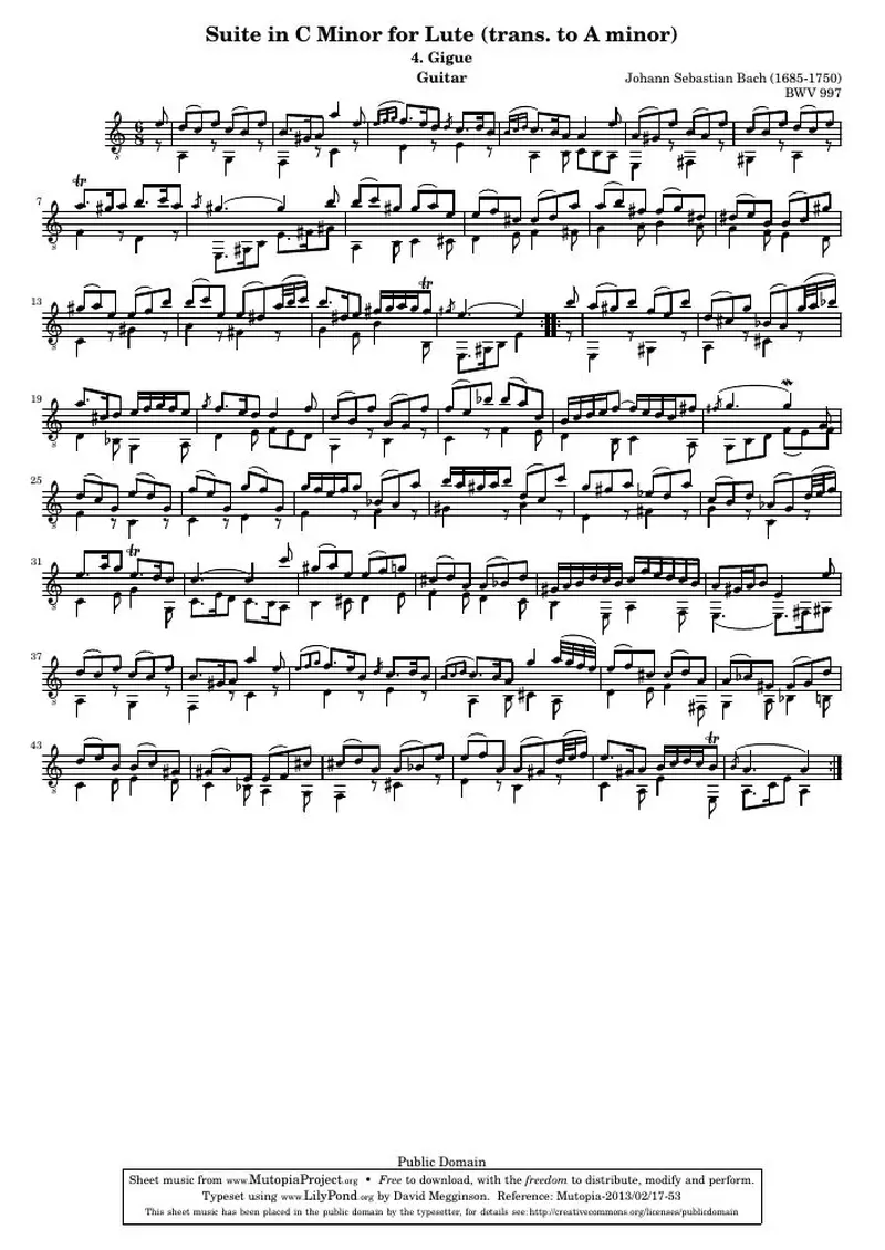 Первая страница нот «Lute Сюита BWV 997: 4. Жига (BWV 997)»