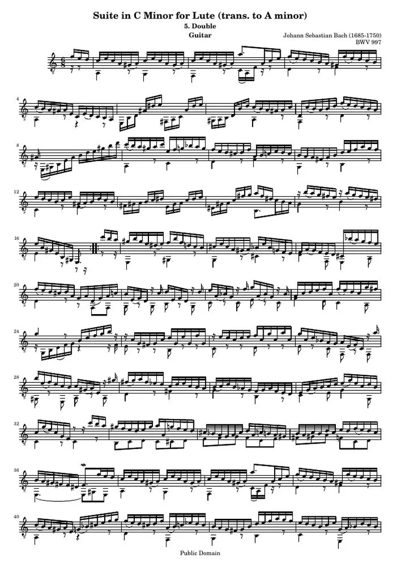 Первая страница нот «Lute Сюита BWV 997: 5. Double (BWV 997)»