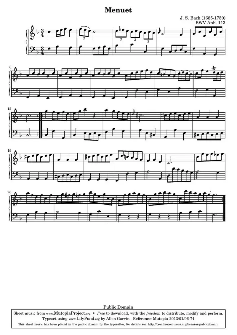 Первая страница нот «Менуэт (BWV Anh. 113)»