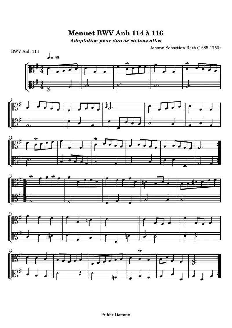 Первая страница нот «Менуэт BWV Anh 114,115,116 pour violons ou altos (BWV Anh. 114, 115, 116) — anna-magdalena-114-115-116_alto»