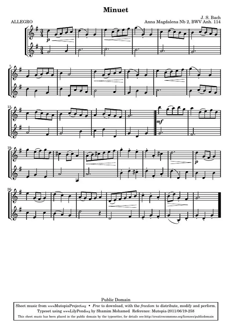 Первая страница нот «Менуэт G (BWV Anh. 114)»