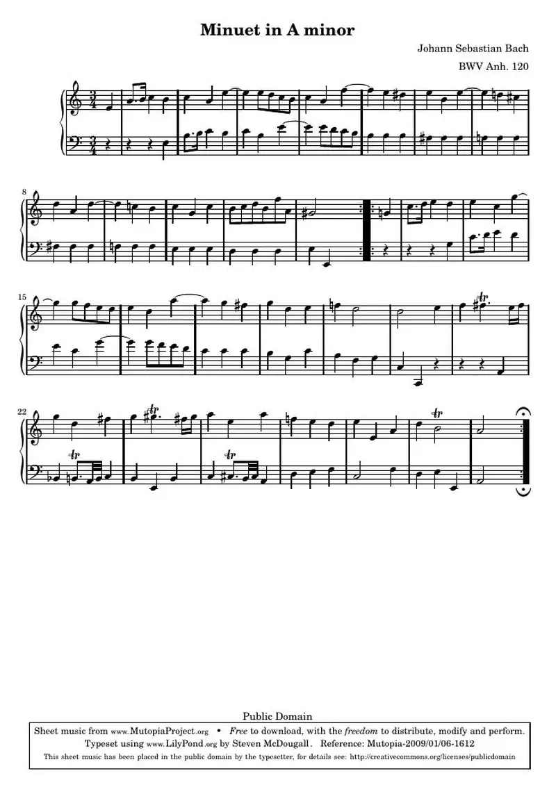 Первая страница нот «Менуэт A минор (BWV Anh. 120)»