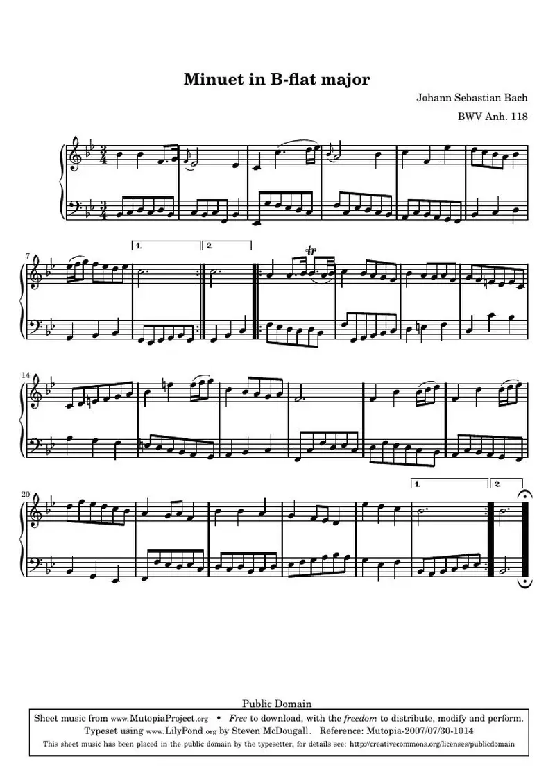 Первая страница нот «Менуэт B-flat major (BWV Anh. 118)»