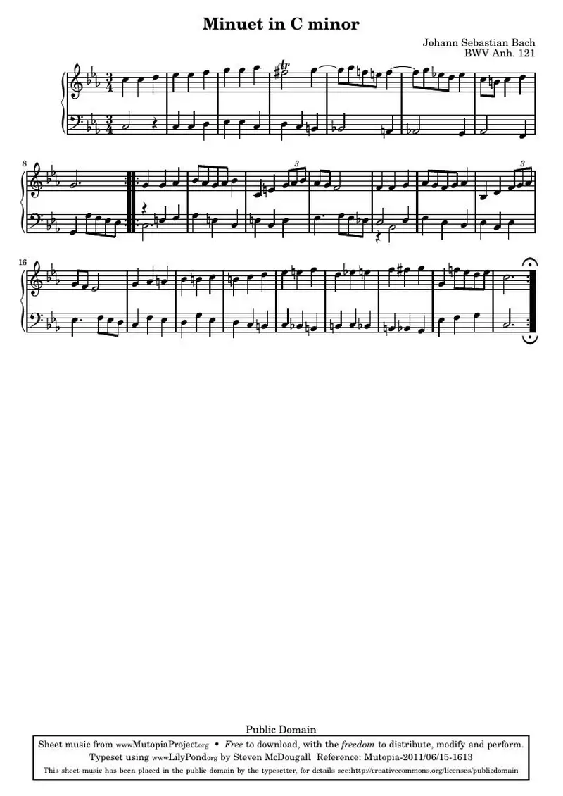 Первая страница нот «Менуэт C минор (BWV Anh. 121)»