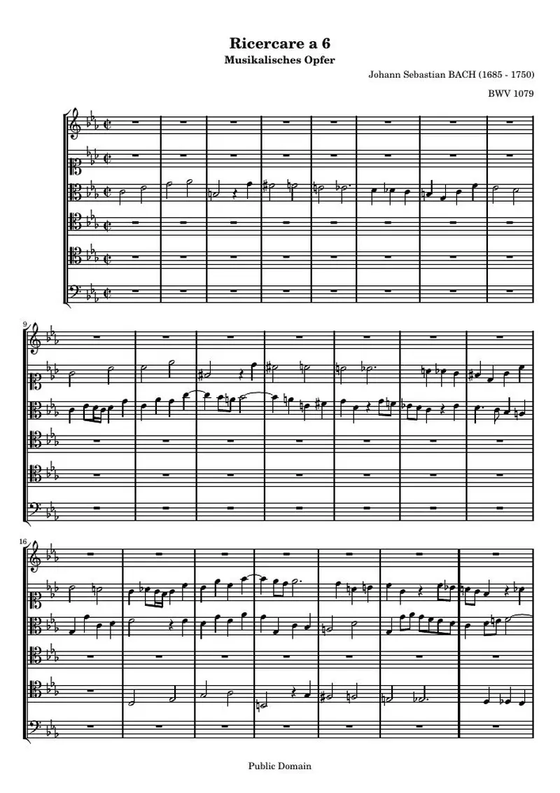 Первая страница нот «Musikalisches Opfer, Ricercare a 6 (BWV 1079)»
