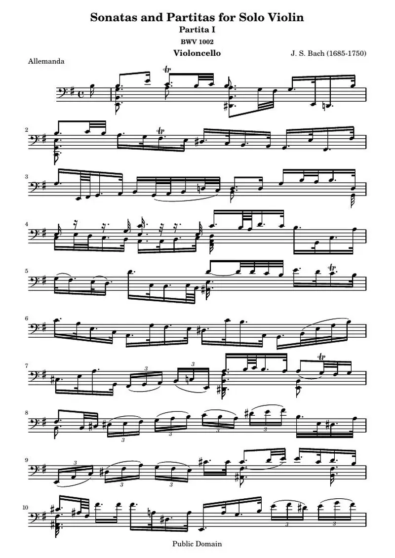 Первая страница нот «Партита I for Solo Violin (BWV 1002) — cello»