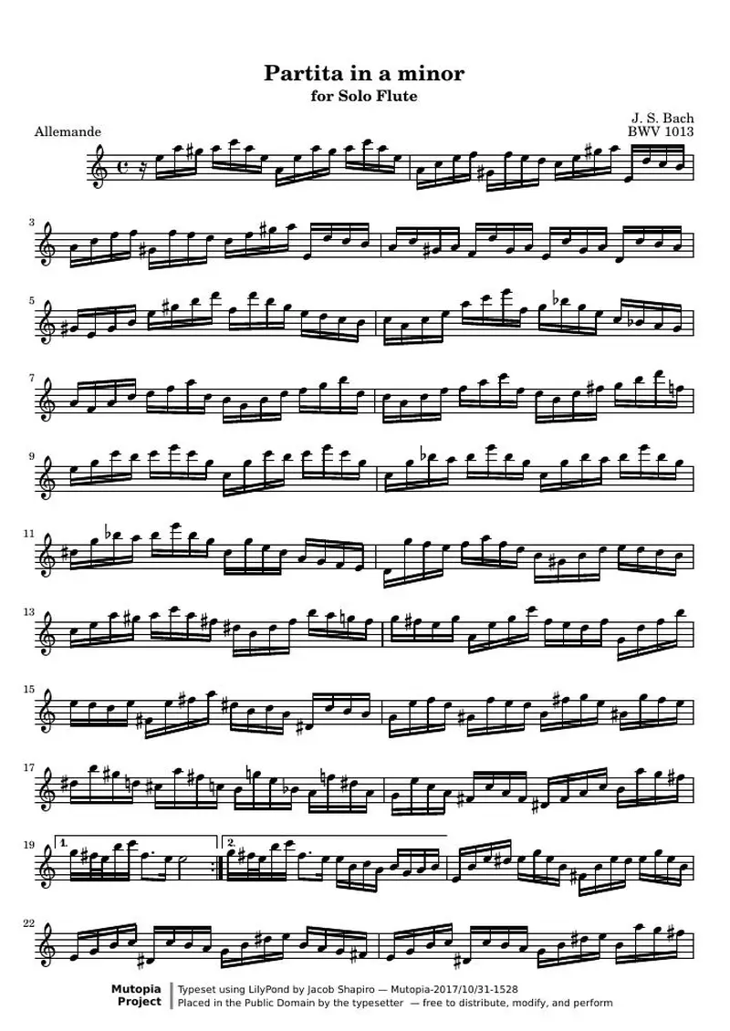 Первая страница нот «Партита a минор (BWV 1013)»