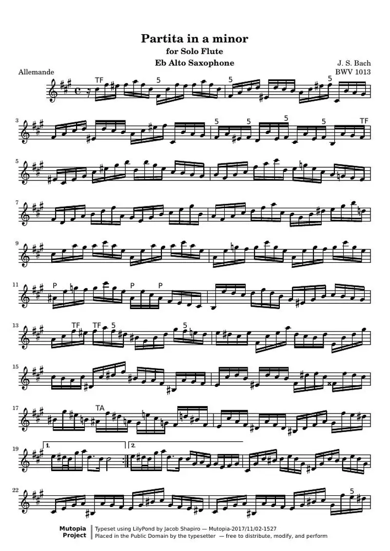 Первая страница нот «Партита a минор (Saxophone transposition) (BWV 1013)»
