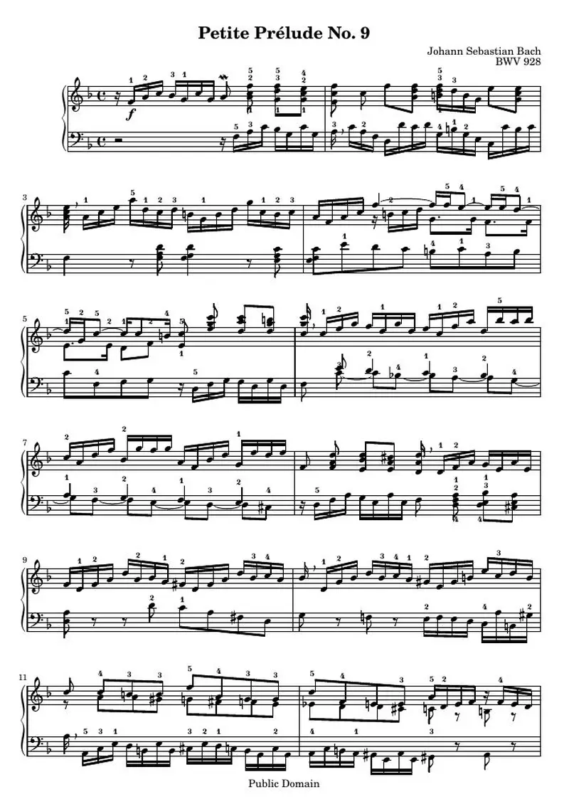 Первая страница нот «Petite Прелюдия № 9 (BWV 928)»