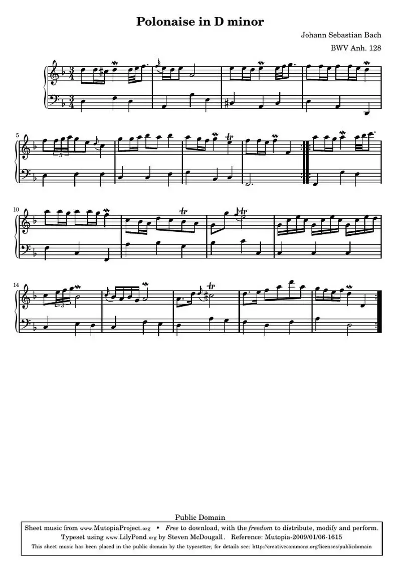 Первая страница нот «Полонез D минор (BWV Anh. 128)»
