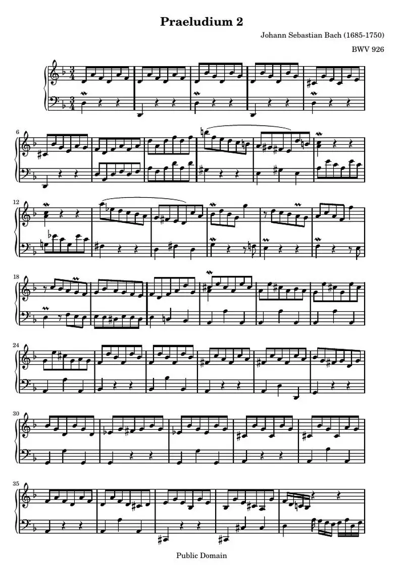 Первая страница нот «Praeludium 2 (BWV 926)»