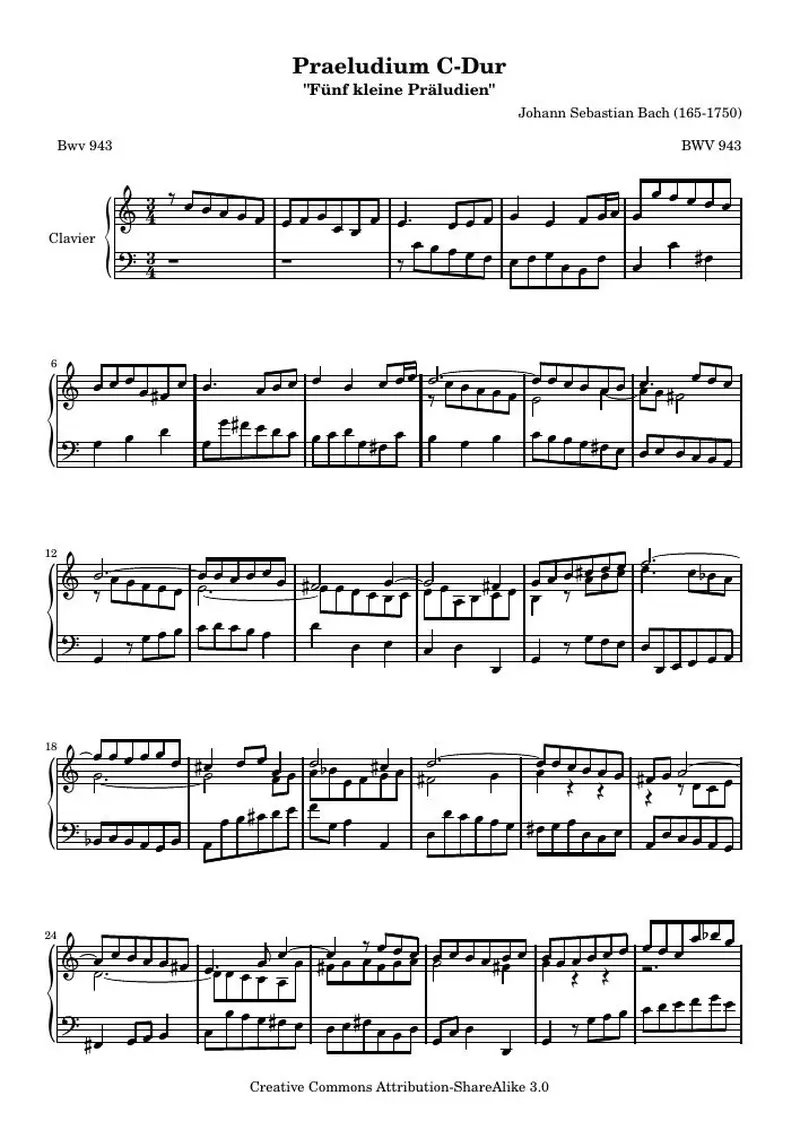 Первая страница нот «Praeludium C мажор (BWV 943)»