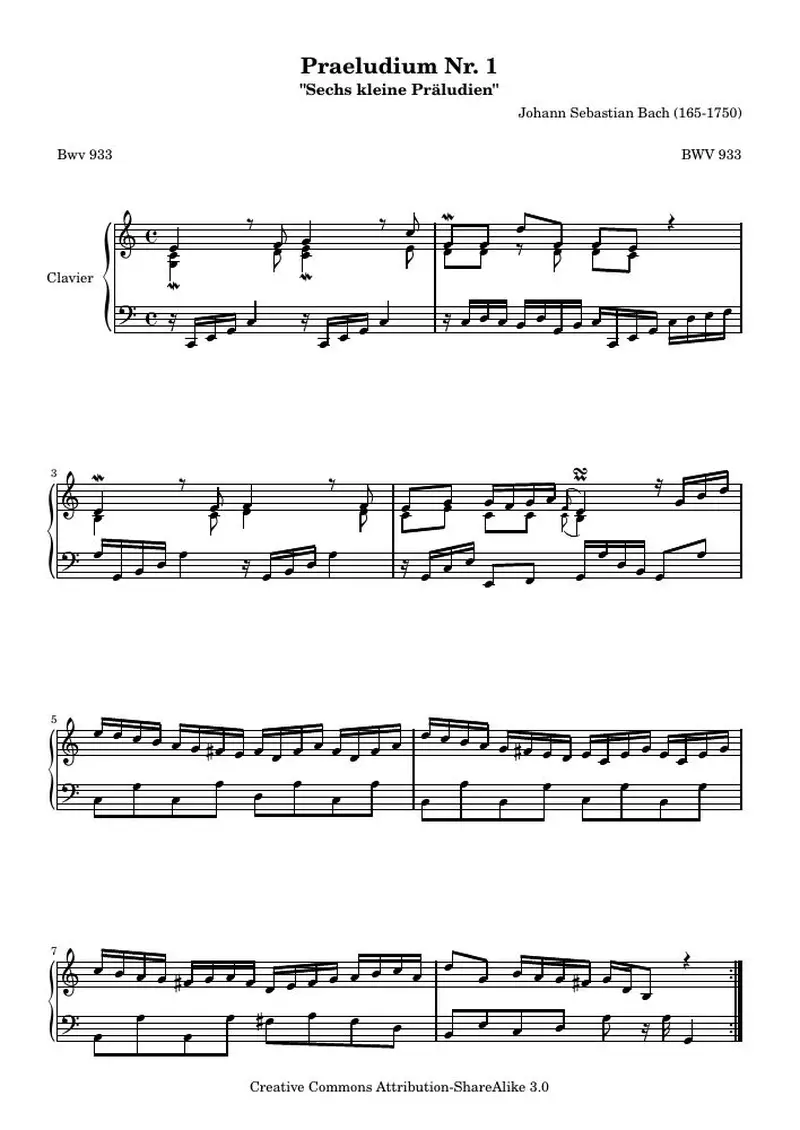Первая страница нот «Praeludium Nr. 1 (BWV 933)»