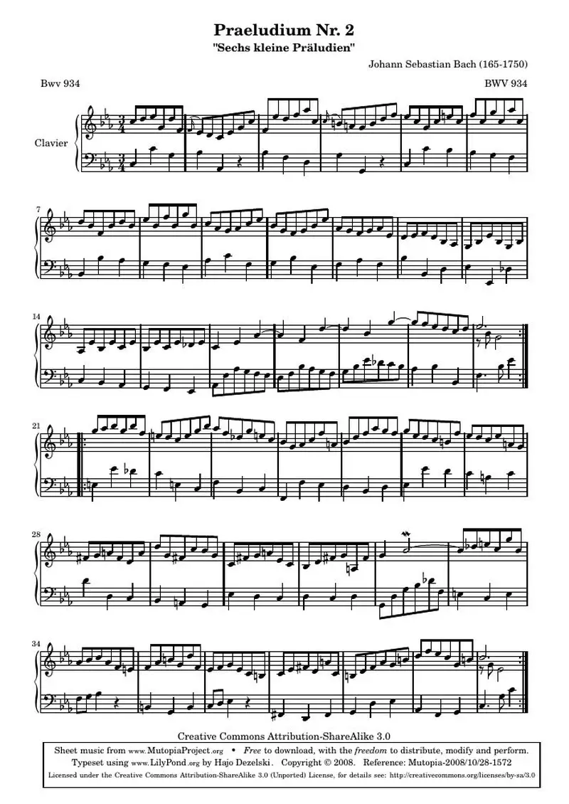 Первая страница нот «Praeludium Nr. 2 (BWV 934)»