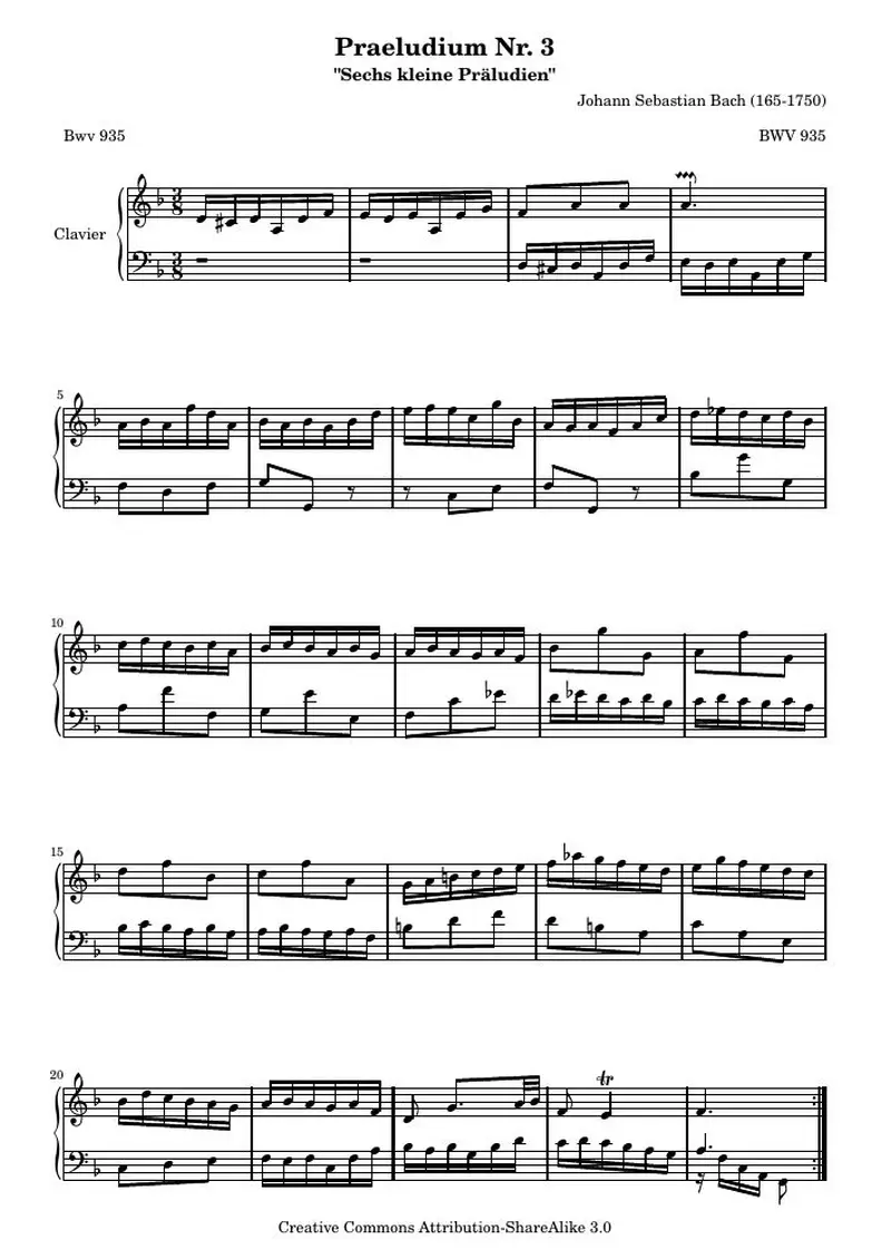 Первая страница нот «Praeludium Nr. 3 (BWV 935)»