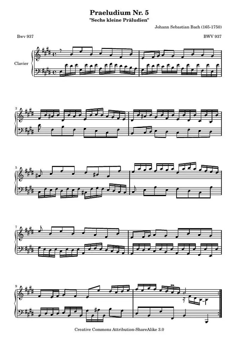 Первая страница нот «Praeludium Nr. 5 (BWV 937)»