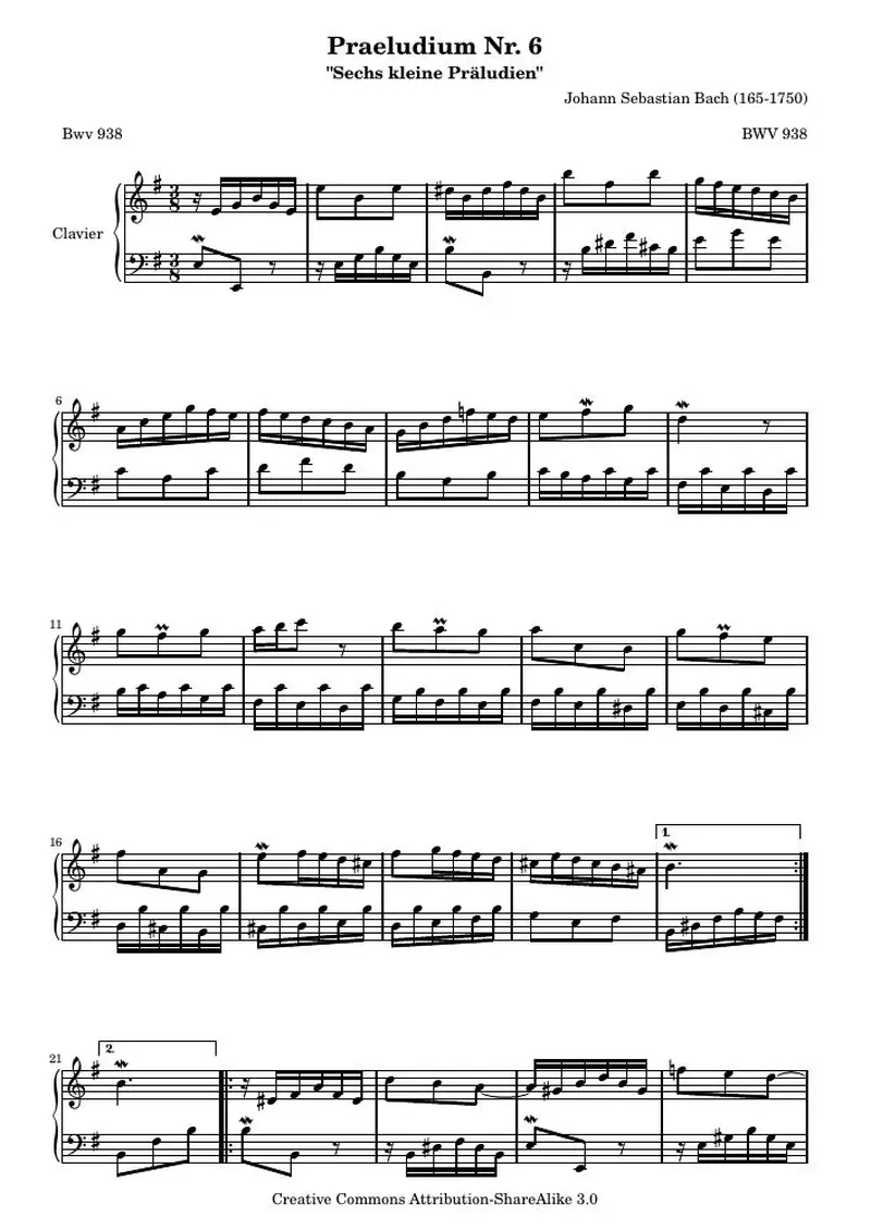 Первая страница нот «Praeludium Nr. 6 (BWV 938)»