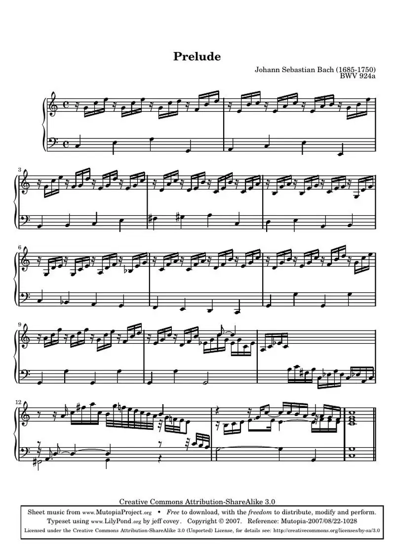 Первая страница нот «Прелюдия (BWV 924a)»
