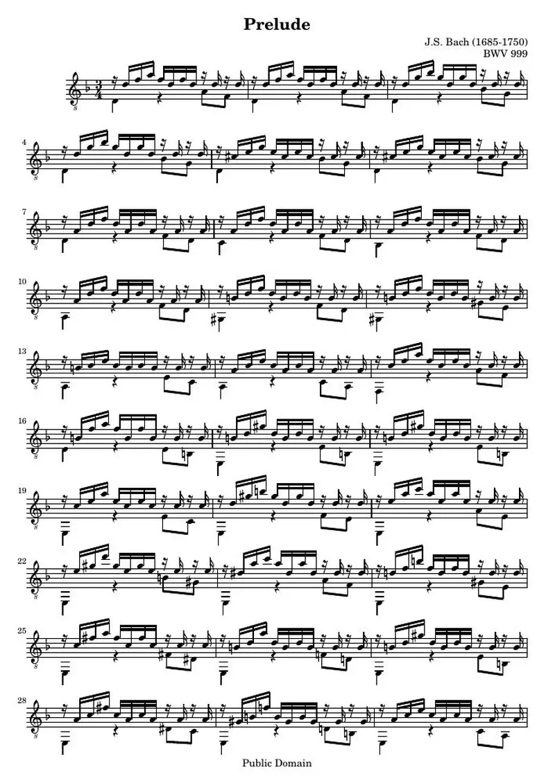 Первая страница нот «Прелюдия D минор (BWV 999)»