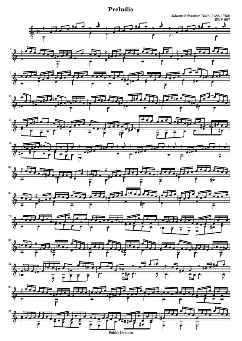 Первая страница нот «Прелюдия to Сюита C мажор (BWV 997)»