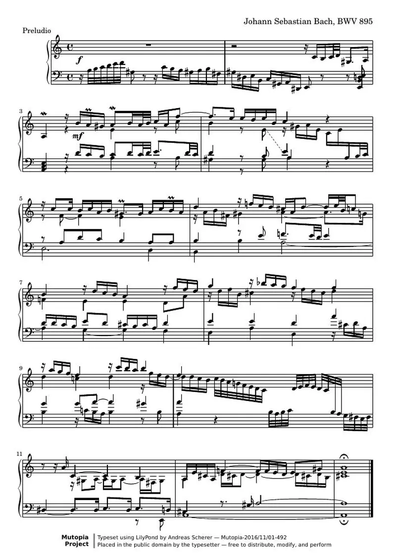 Первая страница нот «Preludio con Fuga (BWV 895)»