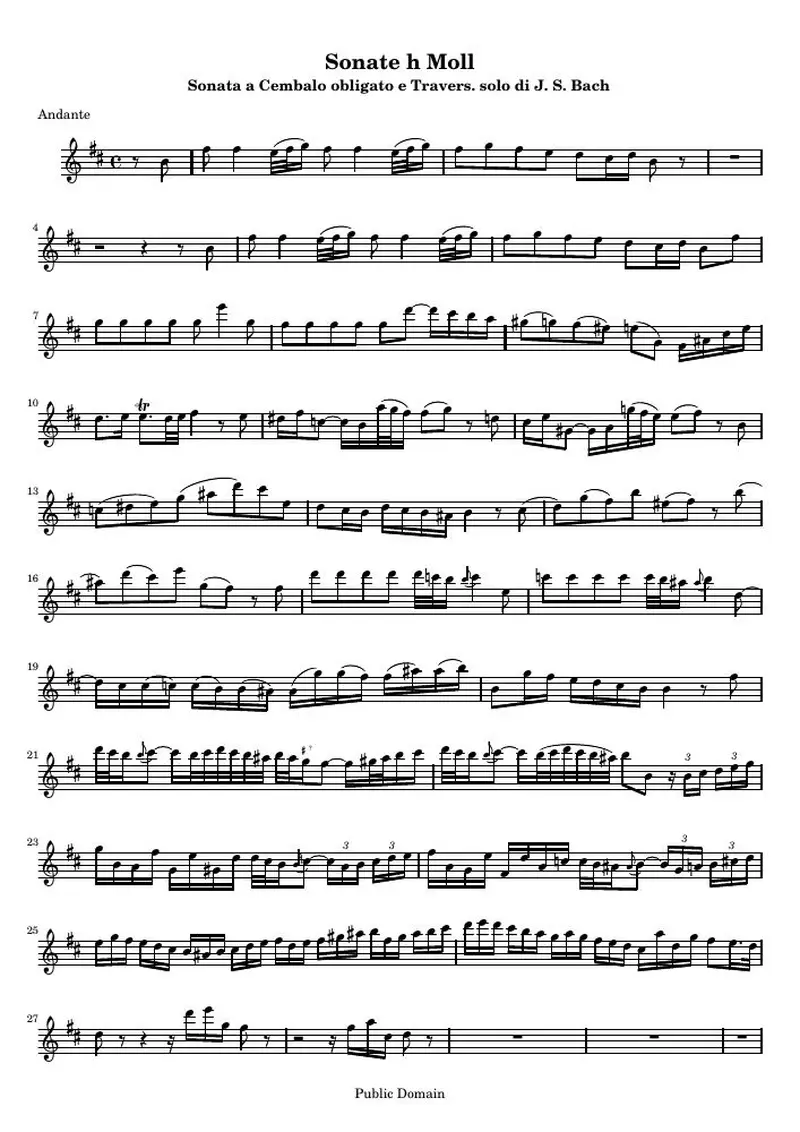 Первая страница нот «Соната B минор for flute and harpsichord (BWV 1030) — flute_part»