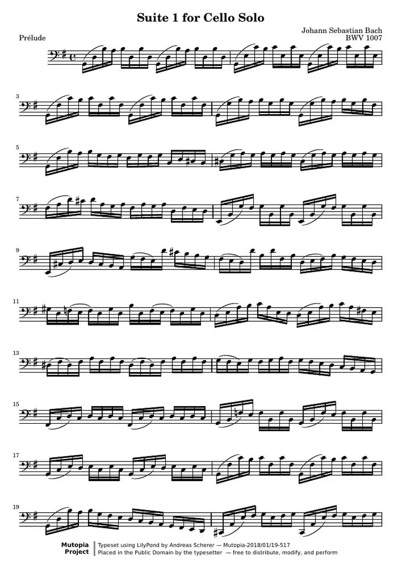 Первая страница нот «Сюита 1 for Cello Solo (BWV1007) — bwv1007»