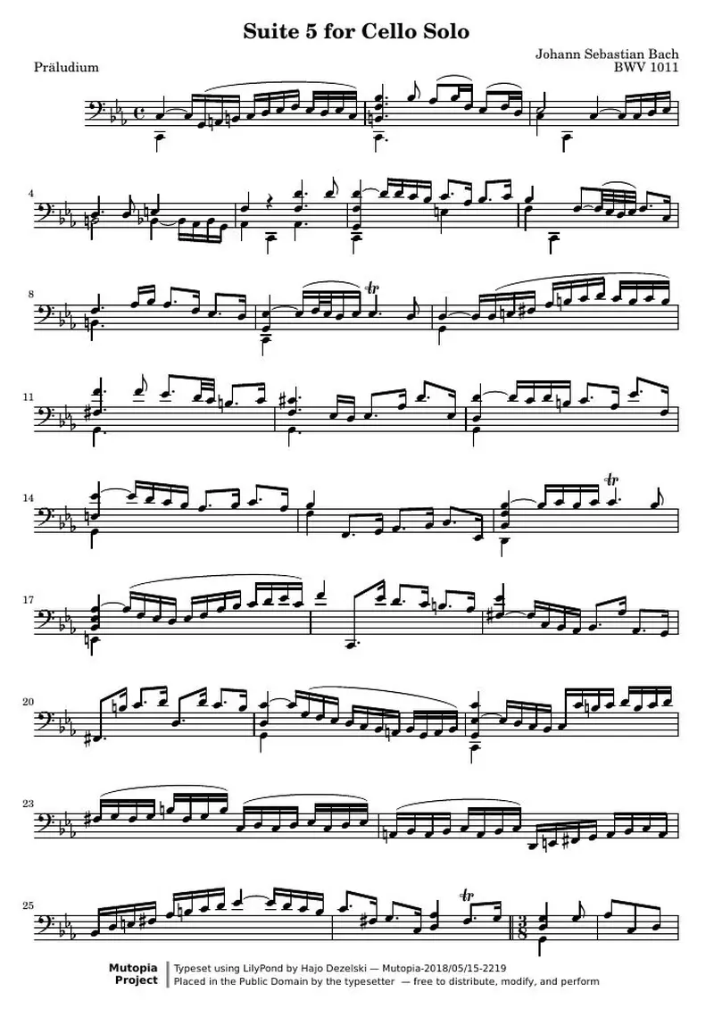 Первая страница нот «Сюита 5 for Cello Solo (BWV1011)»