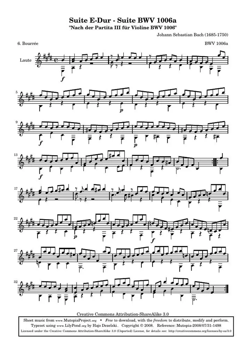 Первая страница нот «Сюита E мажор - BWV 1006a - Бурре (BWV 1006a)»