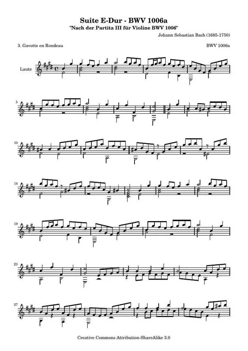 Первая страница нот «Сюита E мажор - BWV 1006a - Гавот en Rondeau (BWV 1006a)»