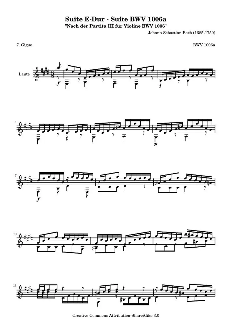 Первая страница нот «Сюита E мажор - BWV 1006a - Жига (BWV 1006a)»