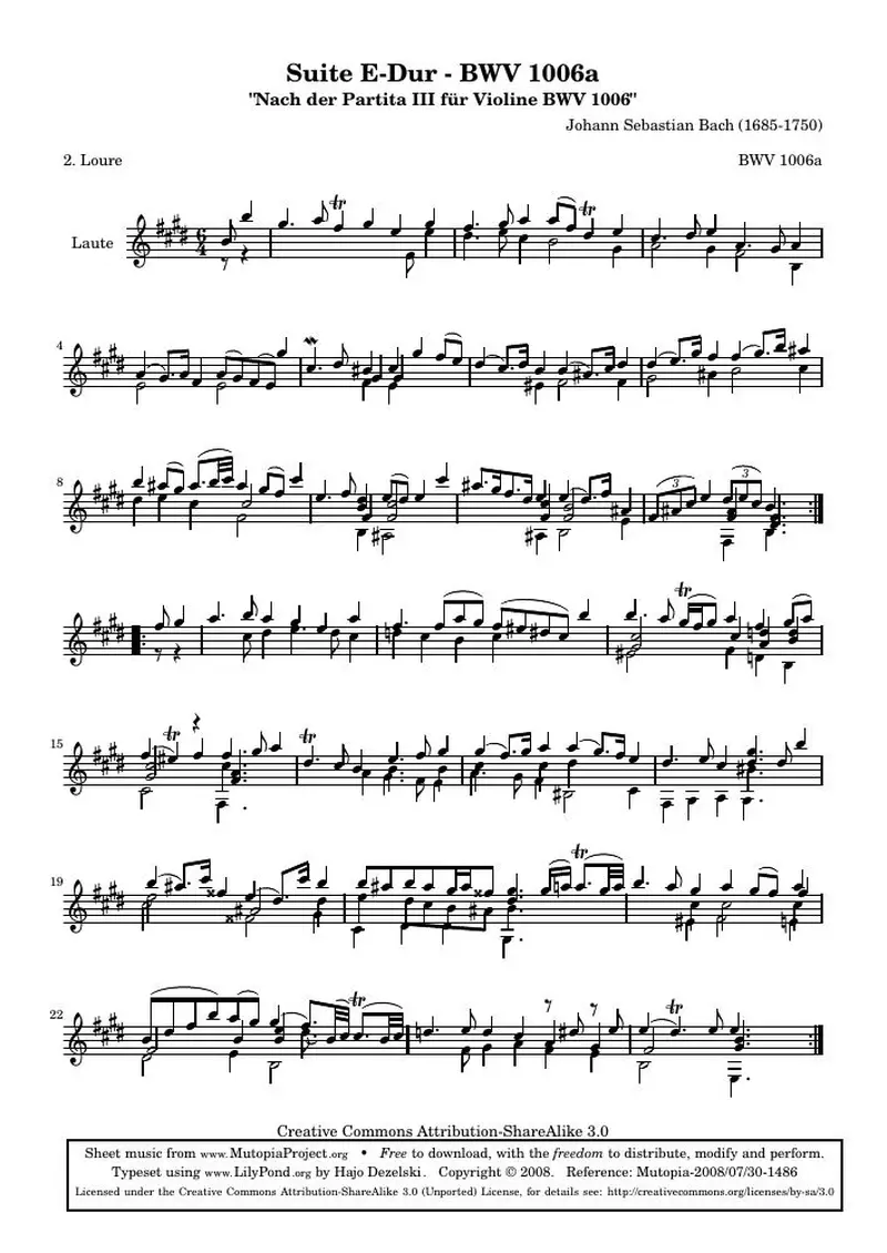Первая страница нот «Сюита E мажор - BWV 1006a - Loure (BWV 1006a)»