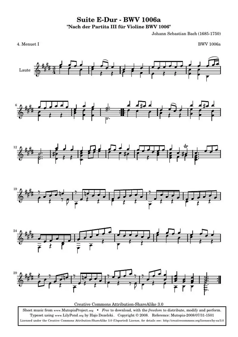 Первая страница нот «Сюита E мажор - BWV 1006a - Менуэт I (BWV 1006a)»