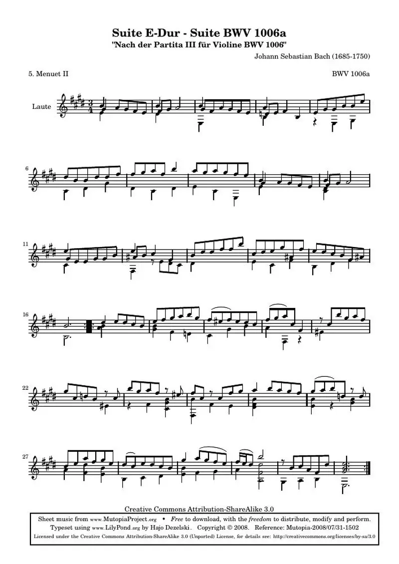Первая страница нот «Сюита E мажор - BWV 1006a - Менуэт II (BWV 1006a)»