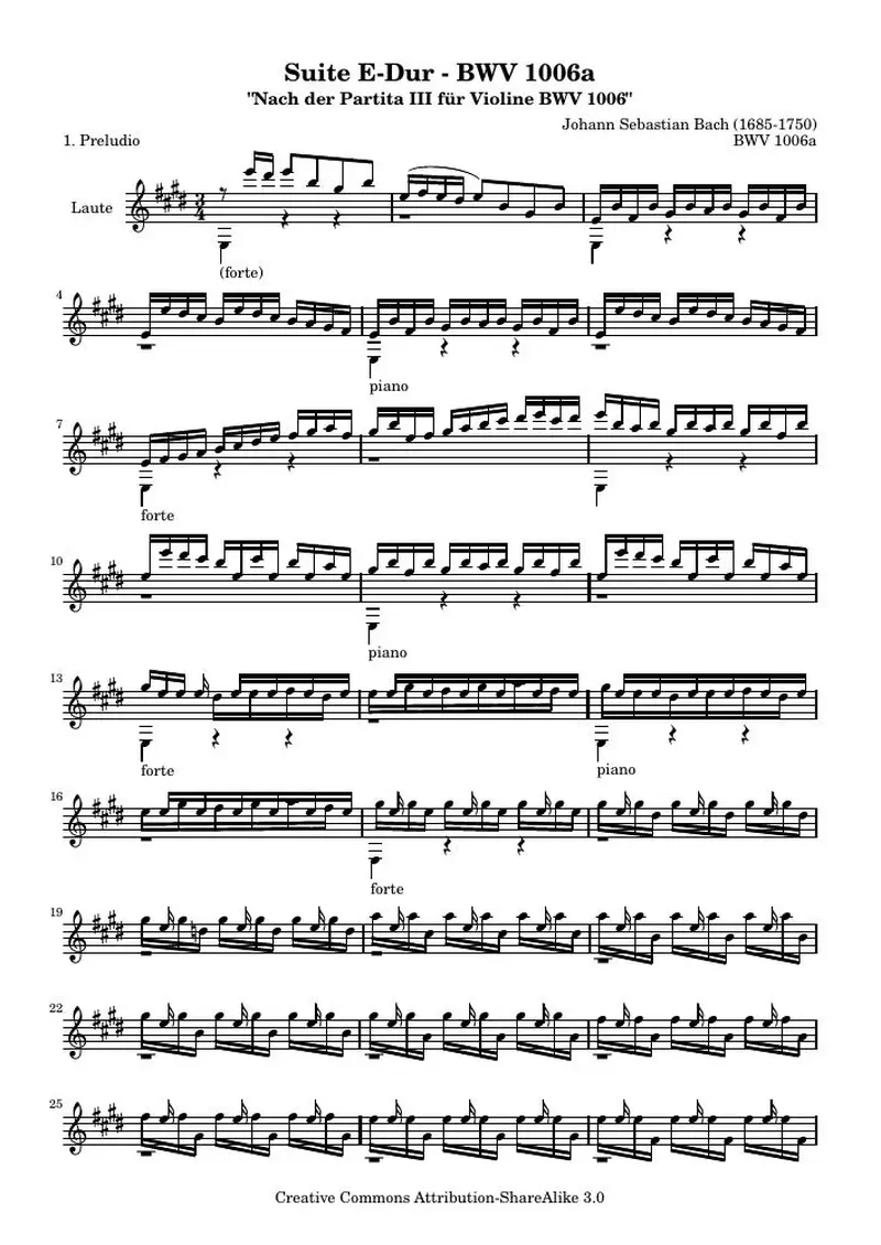 Первая страница нот «Сюита E мажор - BWV 1006a - Preludio (BWV 1006a)»