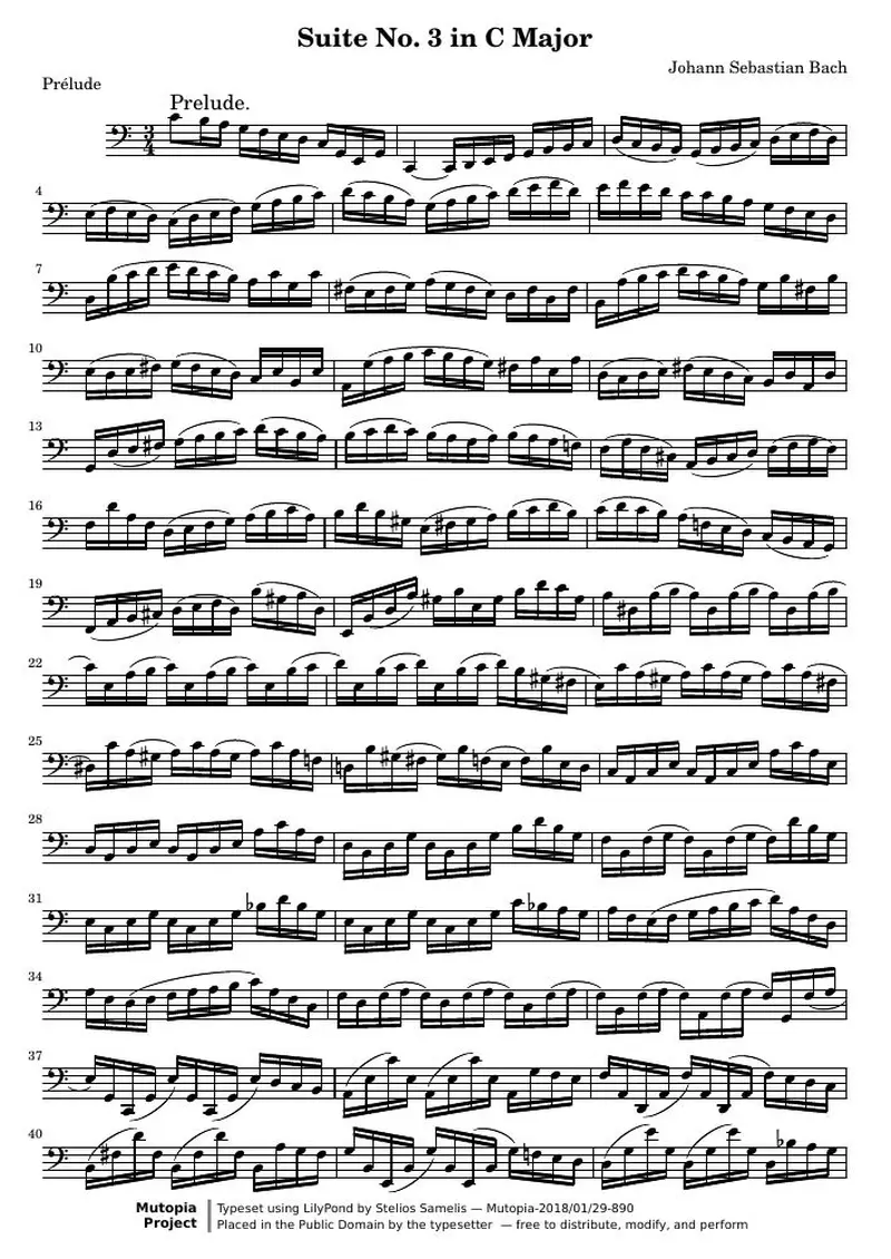 Первая страница нот «Сюита № 3 C мажор (BWV 1009)»