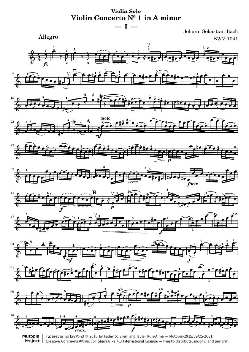 Первая страница нот «Violin Концерт Nº 1 - Violin Solo»